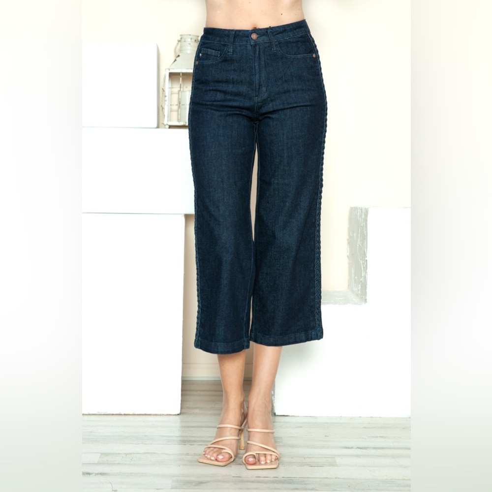 Judy Blue Side Seam Braid Detail Crop Wide Leg Jeans - Picture 3 of 7